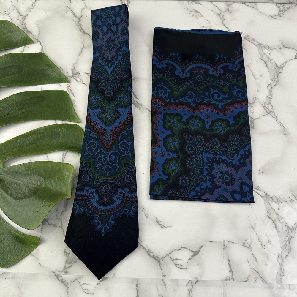 Damon Vintage 80s Pocket Square Neck Tie Set Silk Blue Red Floral Matching